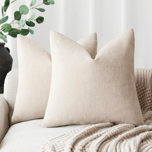 Foindtower Pack of 2 Soft Textured Throw Decorative Pillow Covers Square Accent Solid Cushion Cover Cozy Farmhouse Pillow Case with Zipper for Couch Sofa Bedroom Living Room 18x18 Inch, Light Beige
