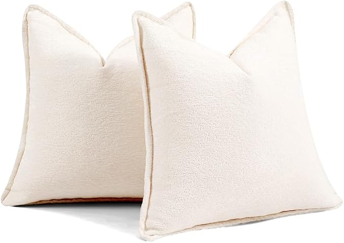 DEZENE Pack of 2 Cream White Decorative Throw Pillow Covers 20x20 Cozy Soft Chenille Accent Vintage Square Couch Pillow Covers for Home Decor Bed Sofa Living Room