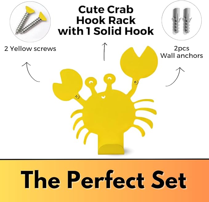 Cute Crab Wall Hook – Heavy-Duty Metal Hook for Hanging Coats, Backpacks, Towels & More – Fun Kids’ Wall Hooks for Bedroom, Playroom, Nursery & Bathroom – Decorative & Durable (Yellow)