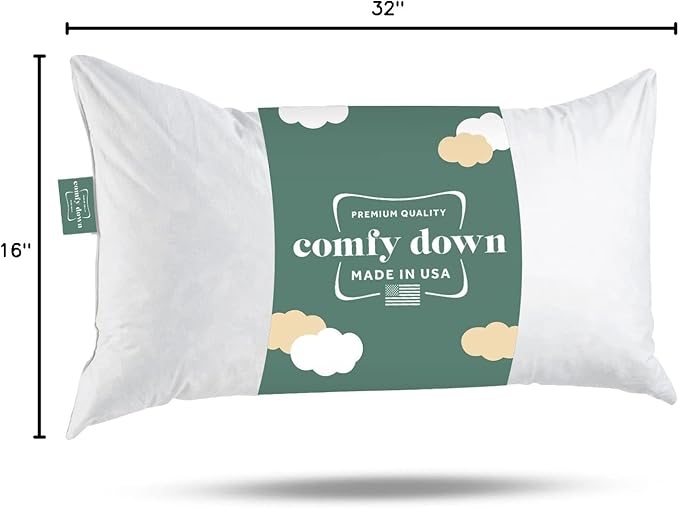 ComfyDown Decorative Throw Pillow Insert, Down and Feather Fill, 100% Cotton Cover, 233 Thread Count - Made in USA (16" X 32")