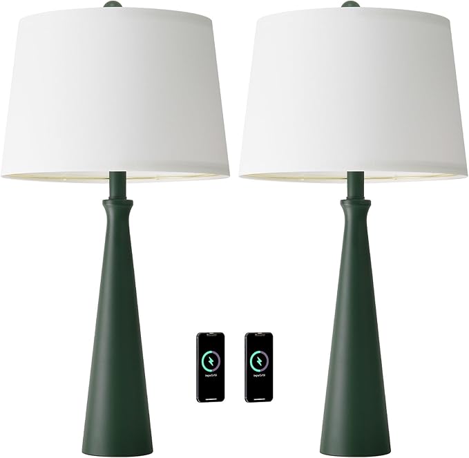 Oneach 25.75" Green Table Lamp Set of 2, Bedside Lamps with USB Ports, Modern Nightstand Lamps Set for Living Room Bedroom House Bedside Home Office Family