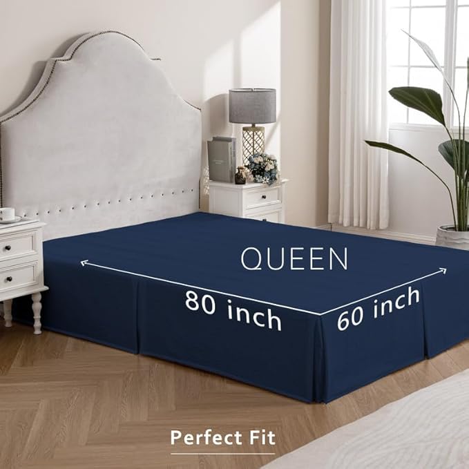 MIYE Pleated Waffle Weave Bed Skirt, Tailored Dust Ruffle 18 Inch Drop Easy Fit, Machine Washable (Navy Blue, Queen - 18" Drop)