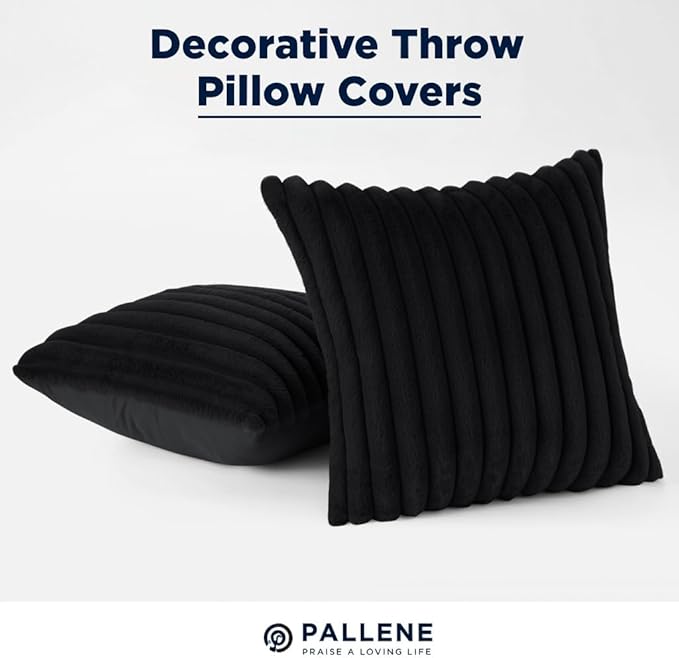 Pallene Faux Fur Plush Lumbar Throw Pillow Covers 12x20 Set of 2, Luxury Soft Fluffy Striped Decorative Pillow Covers for Sofa, Couch, Living Room, Black