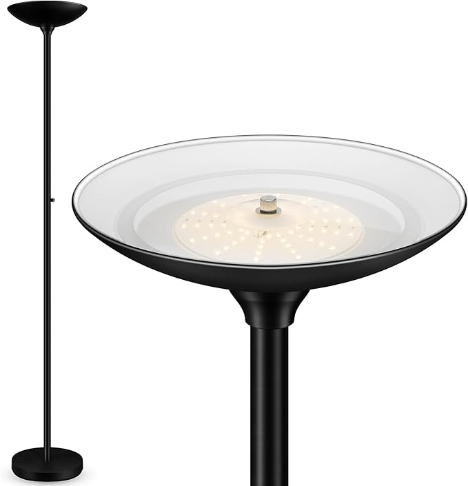 30W Torchiere Floor Lamp - 3600LM Super Bright LED Floor Lamp, 71 Inch Stepless Dimmable Standing Lamp with 3000K Lighting, Rotary Switch, Tall Metal Torch Floor lamps for Living Room/Bedroom (Black)