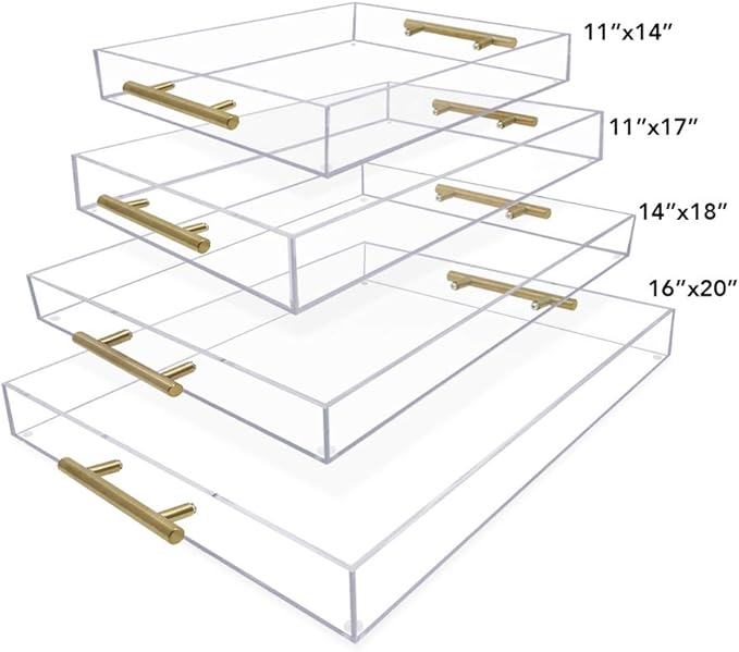 Isaac Jacobs Clear Acrylic Serving Tray (11x14) with Gold Metal Handles, Spill-Proof, Stackable Organizer, Food & Drinks Server, Indoors/Outdoors, Lucite Storage Décor (11x14, Clear with Gold Handle)
