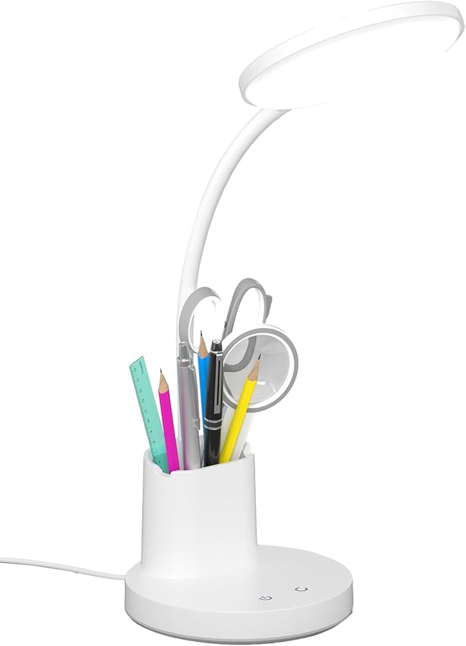 Desk Lamp, LED Desk Lamp for Home Office, Touch Table Lamp with 3 Color Modes 360° Adjustable Arm, Dimmable Desk Light with Pen Phone Holder, White