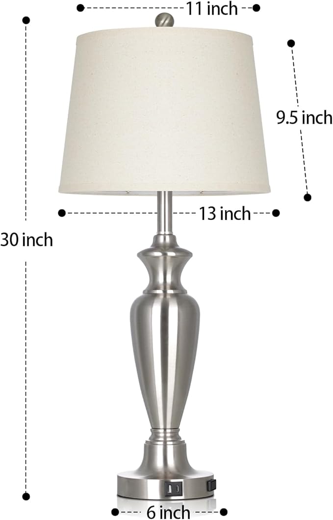 30" Tall Silver Table Lamps Set of 2 for Living Room, Touch Control Bedside Lamps for Nightstand, 3-Way Dimmable Bedroom Table Lamp with USB A+C Ports and AC Outlet (2 LED Bulbs Included)