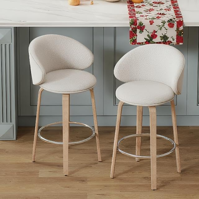 LukeAlon Modern Single Sherpa Counter Stool, Upholstered 26" Seat Height Low Bar Stools with Wood Legs Armless Counter Height Bar Chairs with Footrest for Kitchen Dining Room, Fur White