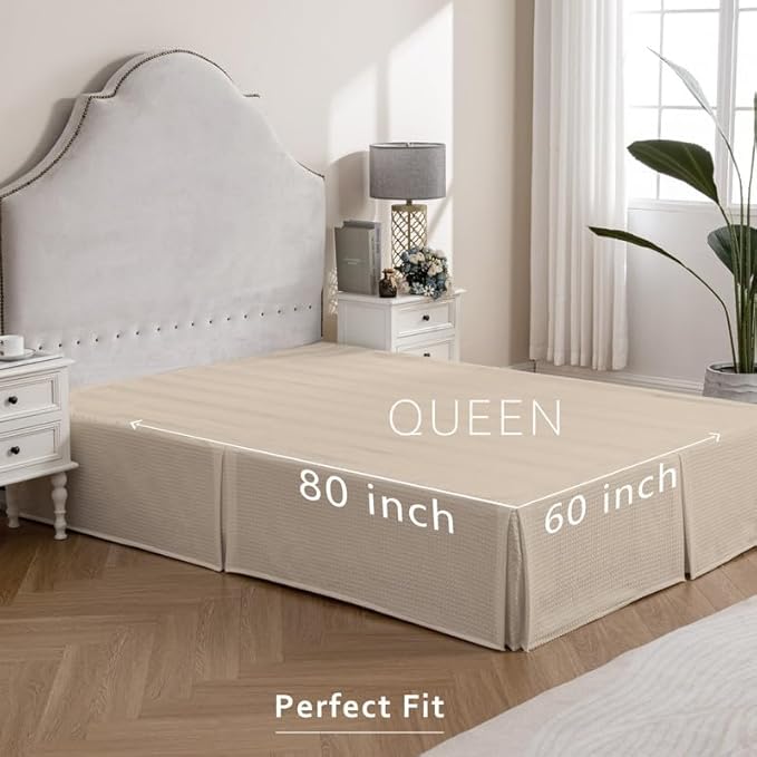MIYE Pleated Waffle Weave Bed Skirt, Tailored Dust Ruffle 16 Inch Drop Easy Fit, Machine Washable,No Split Corners (Beige, Queen - 16" Drop)