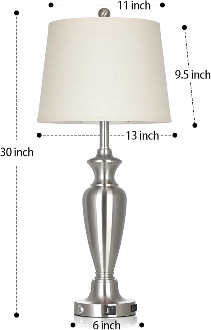 Silver Table Lamp for Living Room Single, 30″ Tall Touch Control Bedside Lamp for Nightstand, 3-Way Dimmable Bedroom Lamp with USB A+C Ports and AC Outlet (1 Pack)