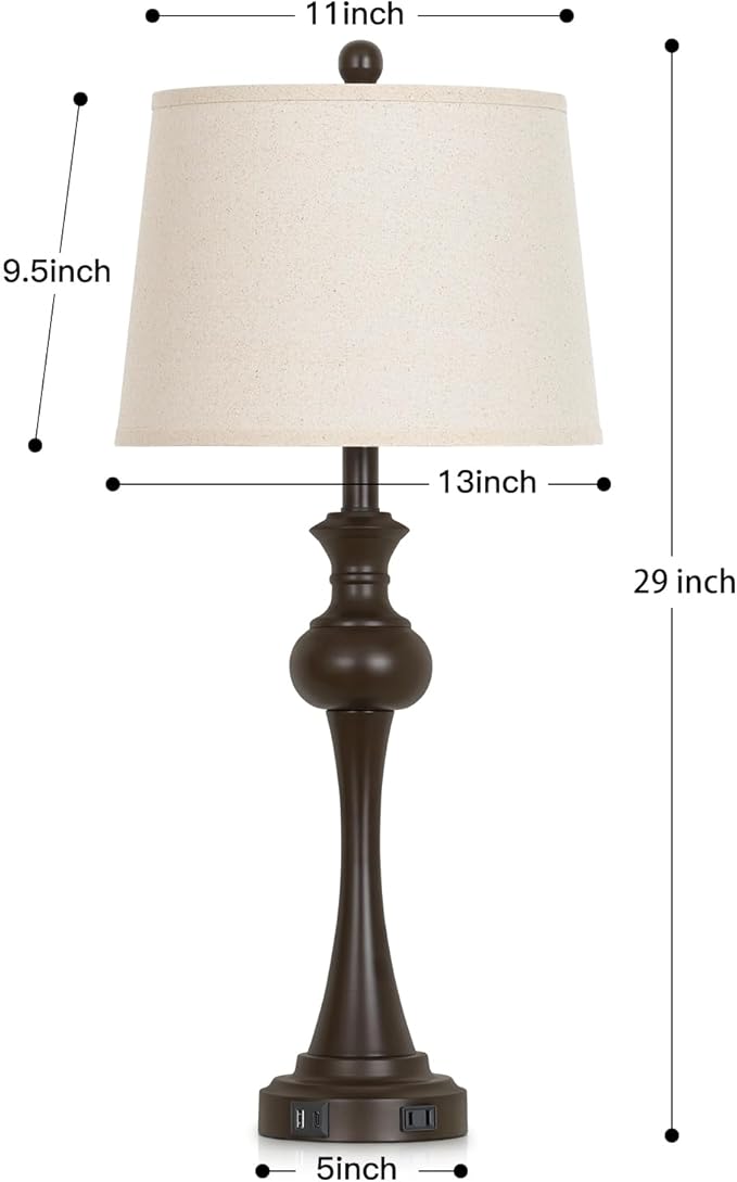 29" Tall Brown Table Lamp, 3-Way Dimmable Touch Control Bedside Lamp with USB A+C & AC Outlet for Bedroom, Living Room (1 Pack)