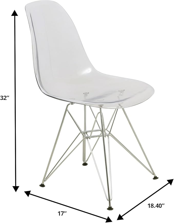 LeisureMod Cresco Acrylic Dining, Modern Chrome Eiffel Base and Curved Back Design, Ergonomic and Lightweight Accent Side Chair for Mid-Century Home, Kitchen, and Café (Clear, Singles)