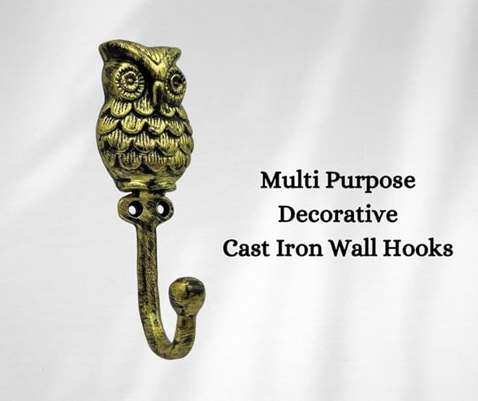Set of 3 Cast Iron OWL Shape Coat Hooks Wall Art Decor-OWL Shape Hangers and Key Holder-Clothes Rack and Backpack Hanger-Coat Hooks Home Decor for Storage,Living Room (Brass Antique)