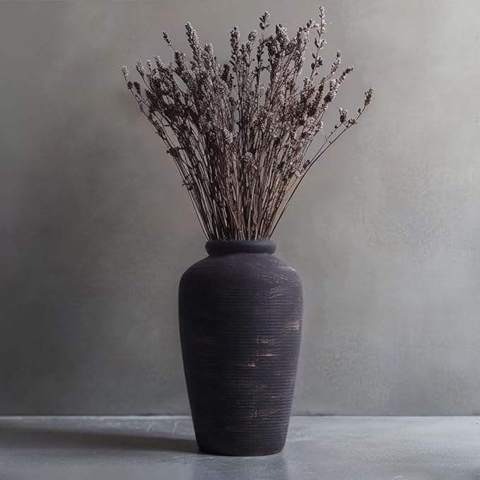 Large Black Vase - 11" Tall Rustic Farmhouse Vase, Black Ceramic Vintage Decorative Vase for Dining Table, Shelf, Bedroom, Living Room, Kitchen, Office, Bathroom, Mantle, Centerpiece Décor