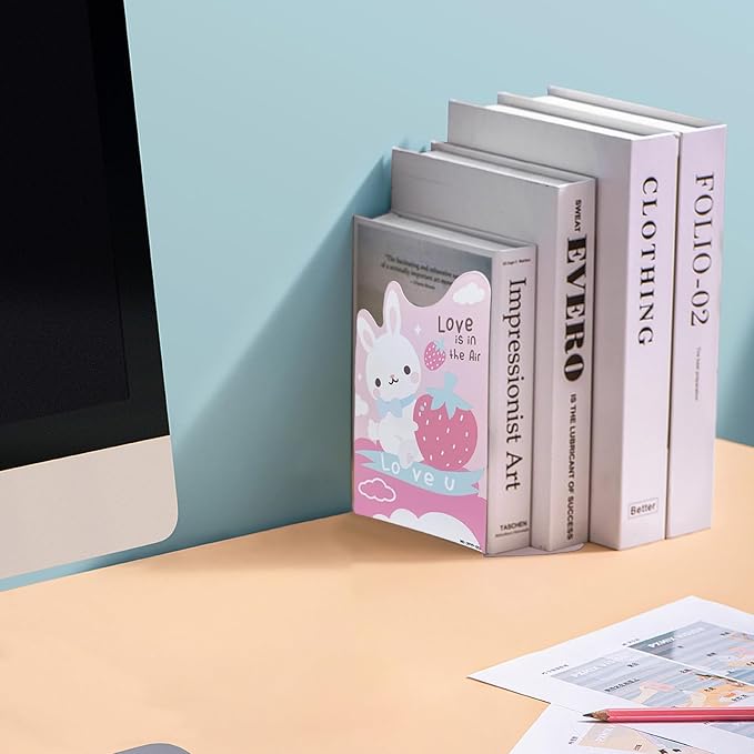 2 Pack Metal Bookends,Non-Slip Rabbit Strawberry Cartoon Astronauts Book Stopper,5.3"x3.9"x8"Heavy Duty Premium Decorative Book End, Supports for Kids Children Shelves,School,Room,Office,Learning Gift