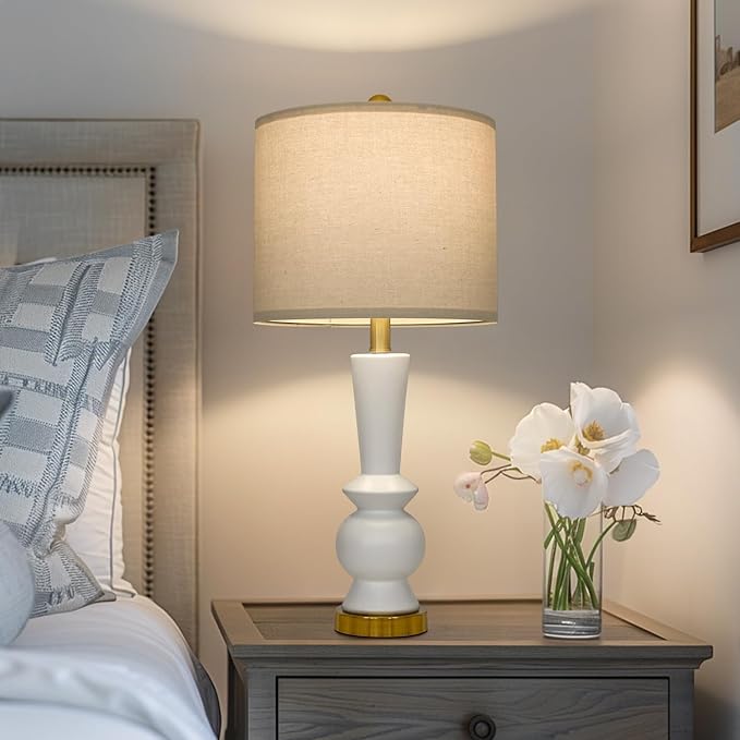 PORTRES 27" Modern Ceramic Table Lamp Set of 2 for Living Room White & Gold Bedside Lamps for Bedroom Nightstand Lamp Tall End Table Lamps