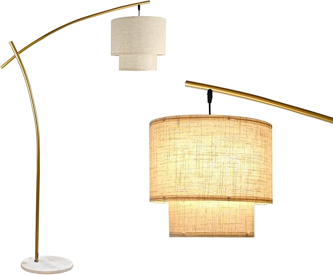 Lightdot Arc Floor Lamp for Living Room, Modern Standing Tall Lamps with Double Linen Lampshade, Tall Hanging Pole Lamp with Stable Metal Base & Foot Switch for Bedroom Home Office-Gold