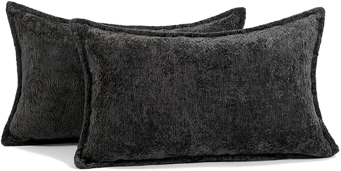 DEZENE Pack of 2 Black Decorative Throw Pillow Covers 12x20 Cozy Soft Chenille Accent Vintage Rectangular Lumbar Couch Pillow Covers for Home Decor Bed Sofa Living Room
