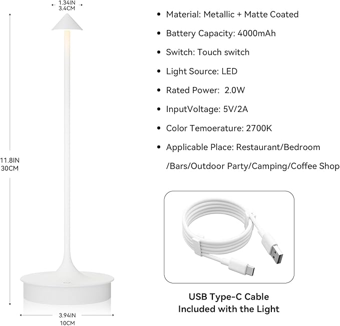 Small Cordless Table Lamp Rechargeable, Battery Operated Desk Lamp, 4000mAh LED Touch Lamp, Dimmable Portable Outdoor Waterproof Wireless Table Light for Restaurants/Bars/Outdoor(1PC,White)