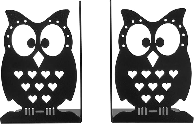 Metal Bookends, Owl Design, Black, 1 Pair, 6 Inch Tall