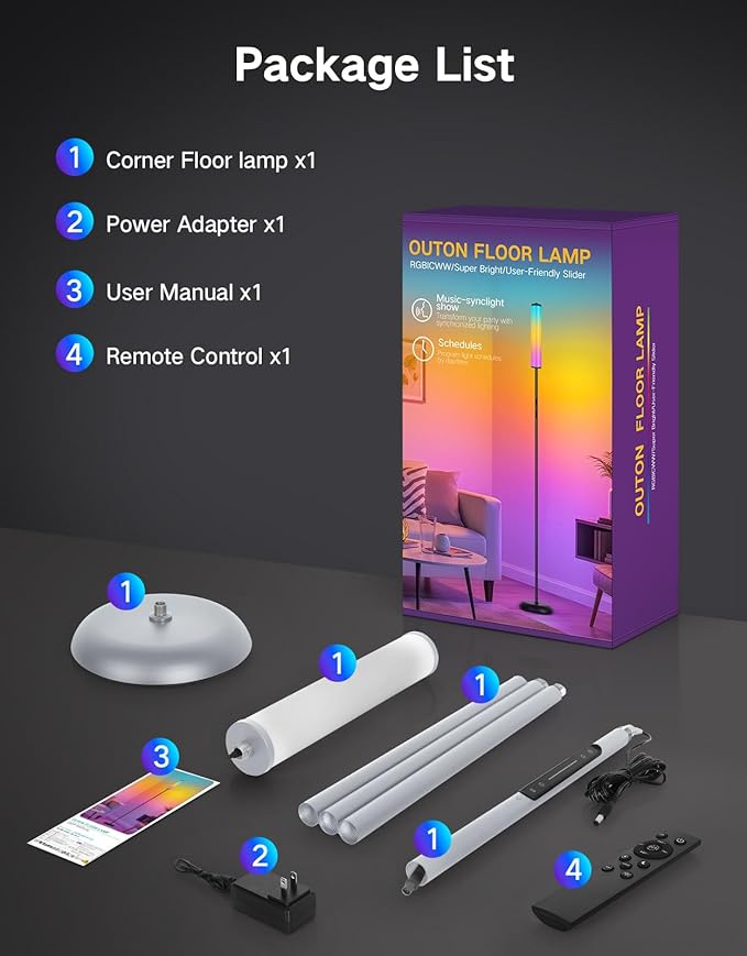 OUTON LED Floor Lamp with Remote & APP Control, 1500LM Ultra Bright Tall Standing Lamp, 16 Million Colors, 32 Scene Modes & Music Sync, Modern Corner Lamps for Living Room, Bedroom, Gaming, Grey
