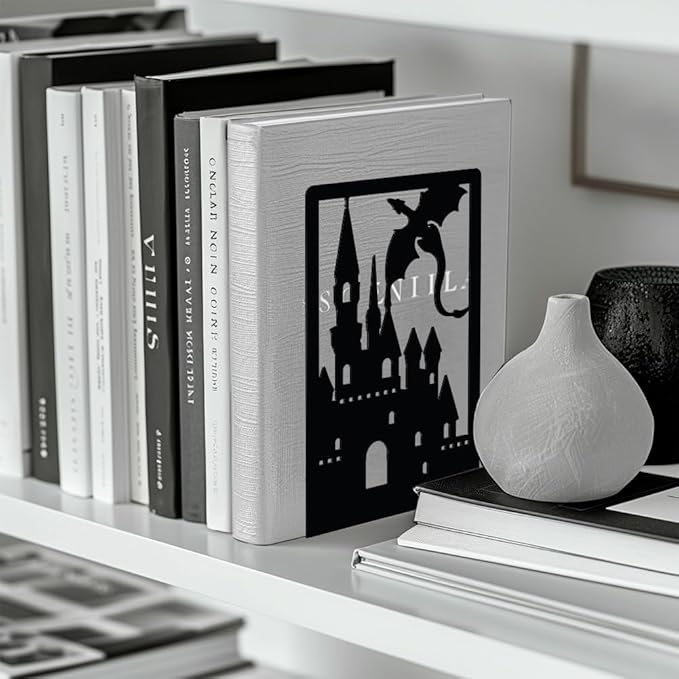 Peacoblue Metal Bookends for Shelves Room Decorative, Creative Heavy Duty Study Bookends Stoppers Holder Stand for Desk Shelf 4.7"x3.5"x7" Book Ends to Support Books, 1 Pair(Dragon Castle)