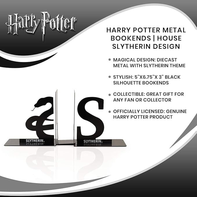 Harry Potter Metal Bookends - Black Hogwarts House Slytherin Diecast Design - Decorative Book Holder - Home, Office, Kitchen, Room Decor - Books Collection Display For Shelves - Desk Accessories Set