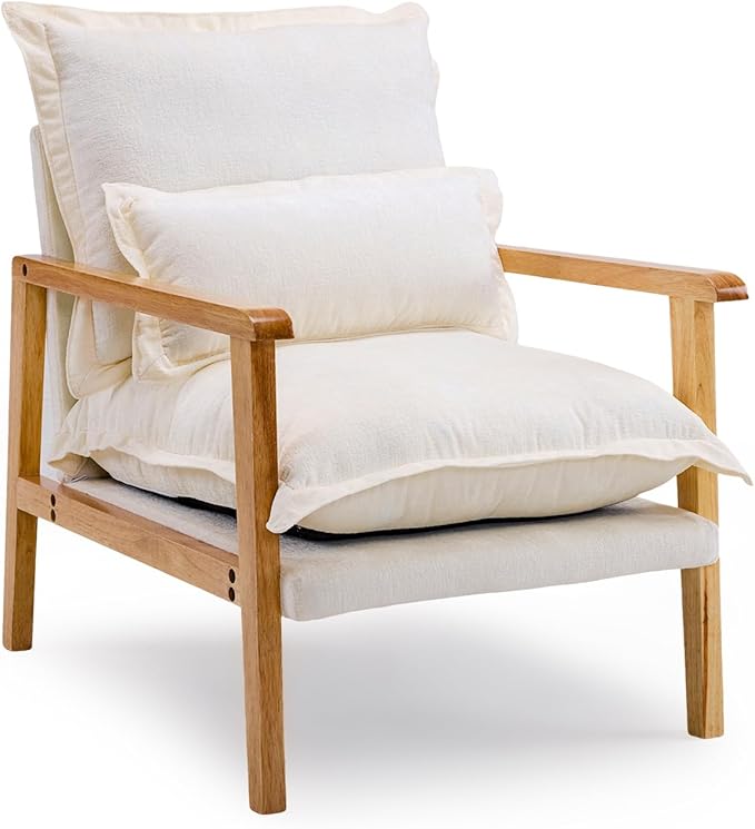 VINGLI Mid-Century Modern Cloud Accent Armchair with Lumbar Pillow, 6.3'' Thick Seat Cushion Comfortable Reading Chair with Wooden Armrests,Boho Lounge Chair for Bedroom, Living Room, Chenille, Beige