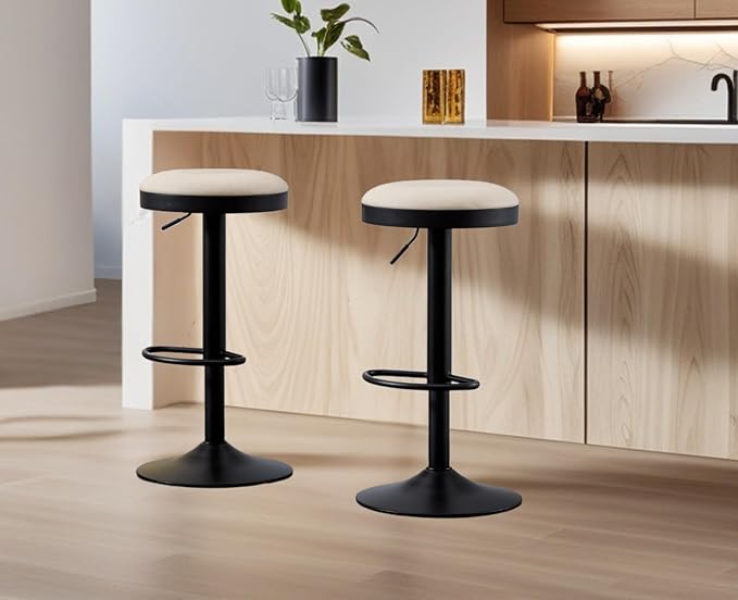 CIMOTA Swivel Round Bar Stools Set of 1 Backless Adjustable Counter Height Barstools Modern Industrial PU Leather Bar Stool Chair for Kitchen/Home Bar/Pub/Bistro/Office, Retro Beige