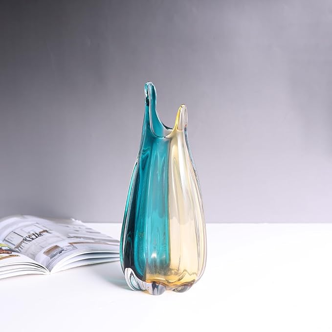 Hand Blown Glass Vase, Medium Wide Mouth Flower Vase Unique Modern Turquoise Glass Art Decor, Nonbreakable Vases for Table Centerpieces Living Room Decorative Amber and Teal Vase
