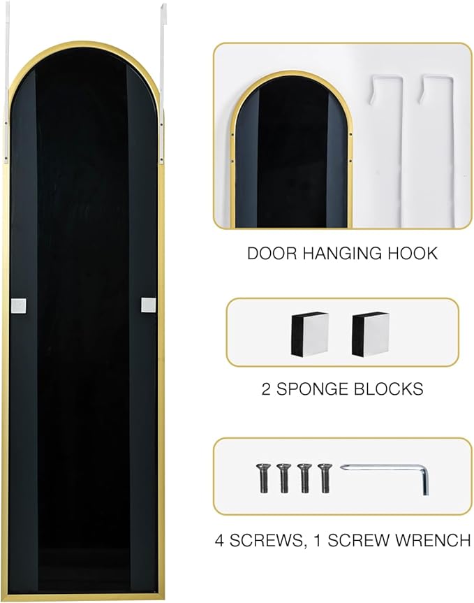 Full Length Mirror 48x14 Inches - Over The Door Hanging Mirror for Bedroom, Living Room, Closet - Arch Floor Mirror, Door Mirror with Gold Frame - No Drill Easy Install