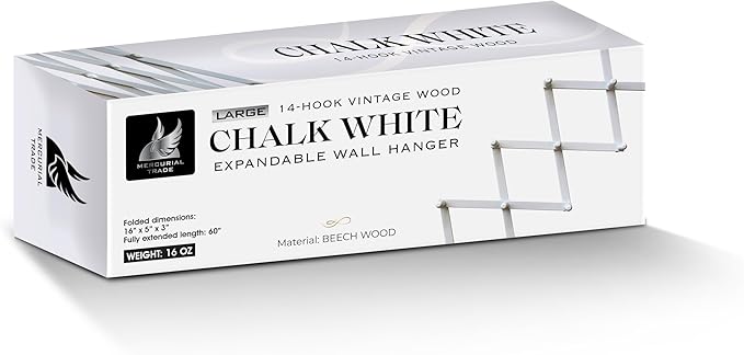 Expandable Wooden Coat Rack Hanger - Large Accordion Hanger with Expanding Pegs | Hand Made Modern Wooden Hat Rack for Wall | Hang Coat, Jacket, Hat | Wall Rack – 14 Hook, Chalk White
