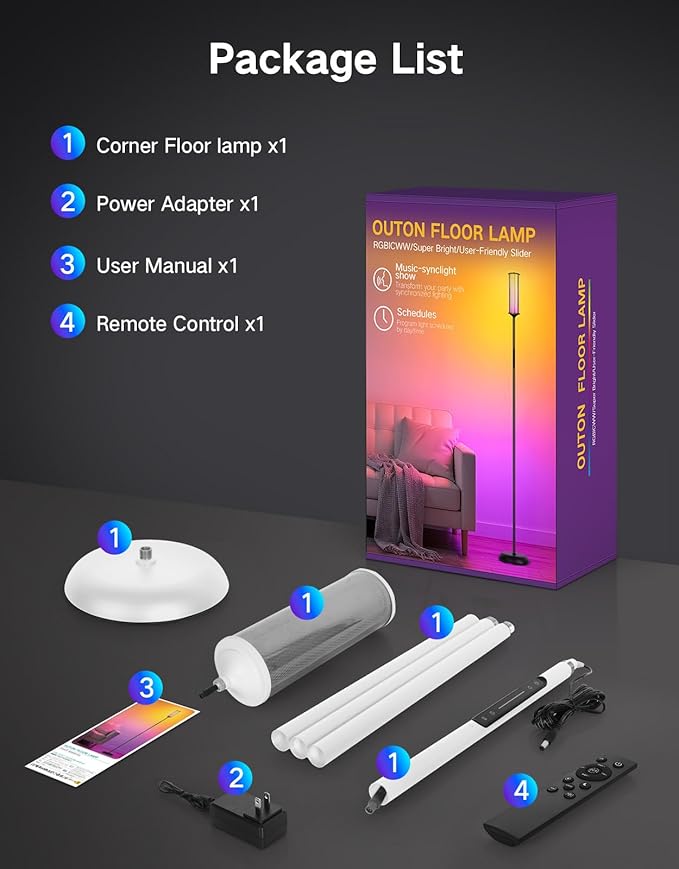 OUTON LED Floor Lamp with Remote & APP Control, Tall Standing Lamp, 16 Million Colors, 32 Scene Modes & Music Sync, Modern Corner Lamps for Living Room, Bedroom, Gaming, White & Glass Lampshade