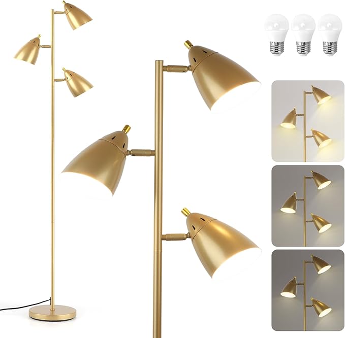 LALISU Tree Floor Lamp for Living Room, Industrial 3-Light Standing Lamp with 3 LED Bulbs, Adjustable Rotation Heads, Standing Tall Pole Lamp Farmhouse Rustic Reading Lamps for Bedroom Office (Gold)