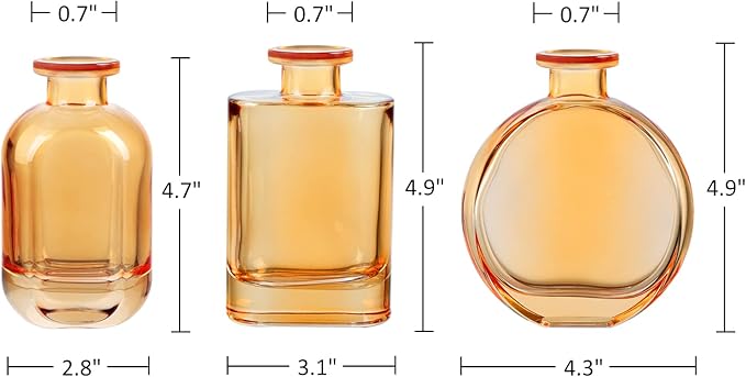 Joeyan Amber Glass Bud Vase Set of 3 - Decorative Rustic Flower Vase - Small Bottle Vase Centerpieces for Wedding, Home, Office, Table Décor