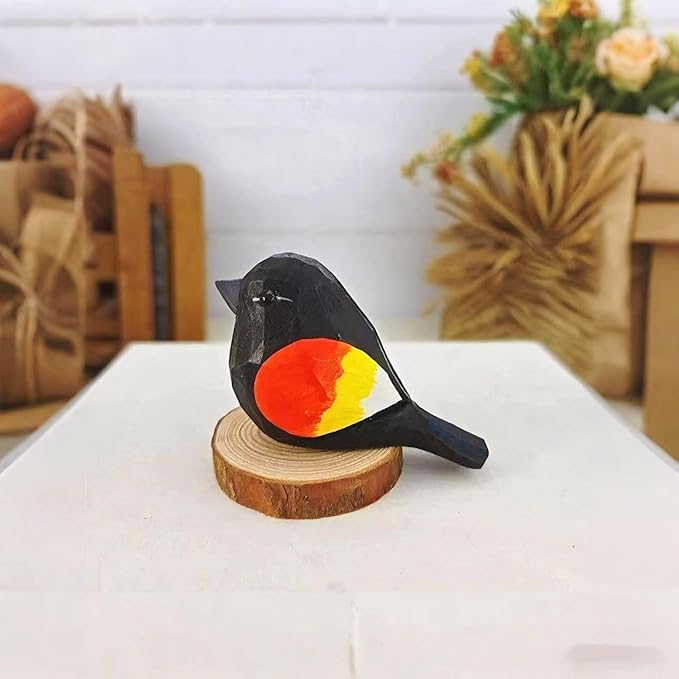 Hand-Carved Red-Winged Blackbird Figurines – Hand-Painted Wooden Bird Sculptures, Decorative Wood Bird Statues for Home & Office Décor, Gifts for Bird Lovers