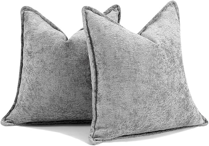 DEZENE Pack of 2 Light Gray Euro Shams Pillow Covers 26x26 Cozy Soft Chenille Decorative Throw Pillow Covers Accent Vintage Square Couch Pillow Covers for Home Decor Bed Sofa Living Room