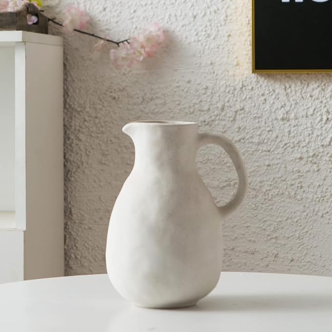 Kimdio Ceramic Vase with Handle, Modern Farmhouse Pitcher Vases for Home Decor, Rustic Pottery Vase, Decorative Clay Flower Vase, Centerpieces for Living Room