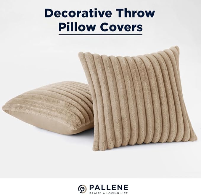 Pallene Faux Fur Plush Throw Pillow Covers 26x26 Set of 2, Luxury Soft Fluffy Striped Decorative Pillow Covers for Sofa, Couch, Living Room, Khaki