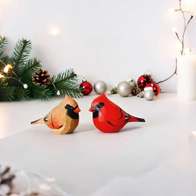 Handmade Wooden Northern Cardinal Figurines Set, Hand-Painted Female Cardinal Birds, Decorative Wood Bird Sculptures for Home Décor,Christmas Ornaments & Unique Gift for Bird Lovers