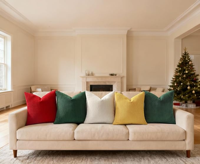 Mecatny Christmas Decorative Corduroy Throw Pillow Covers 18x18 Set of 2 for Sofa Living Room, Soft Neutral Boho Couch Pillow Covers for Home Decor, Christmas Red