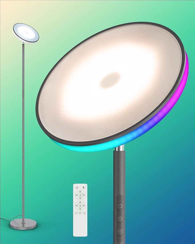 42W Floor Lamp, 3700LM Super Bright Standing Lamp with Remote & Touch Control, 2700K-6500K Dimmable Torchiere Lamps for Living Room, with RGB Ambient Lighting, Grey