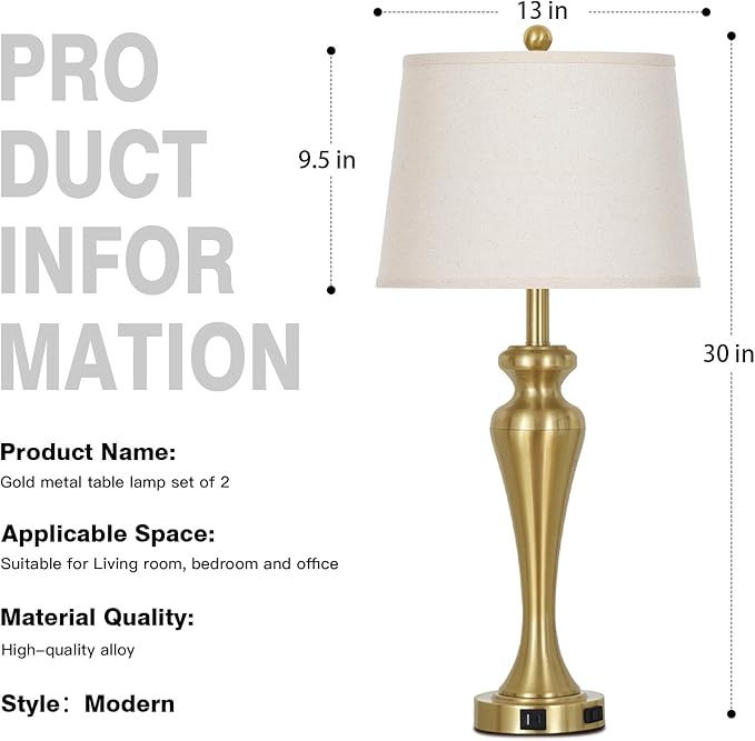 30" Table Lamp Single, 3-Way Dimmable Touch Bedside Lamp with USB A+C Ports and AC Outlet, Tall Living Room Lamps for Side Table, Modern Bedroom Lamp for Nightstand, Gold-1PK