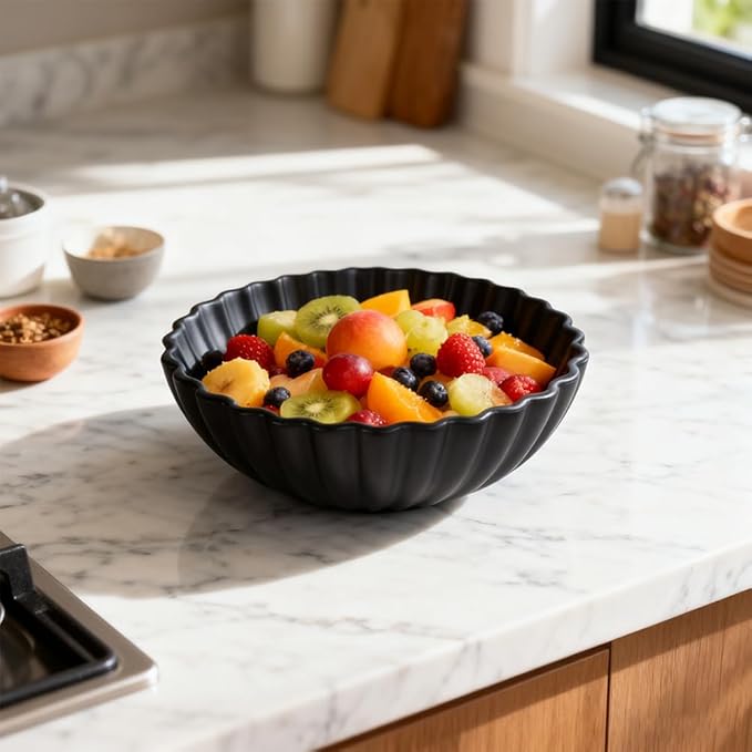 Large Black Fluted Decorative Bowl – Modern Ruffle Bowl for Kitchen, Living Room, Entryway & Coffee Table Décor, Multifunctional Black Fruit Bowl for Keys, Decorative Storage for Home