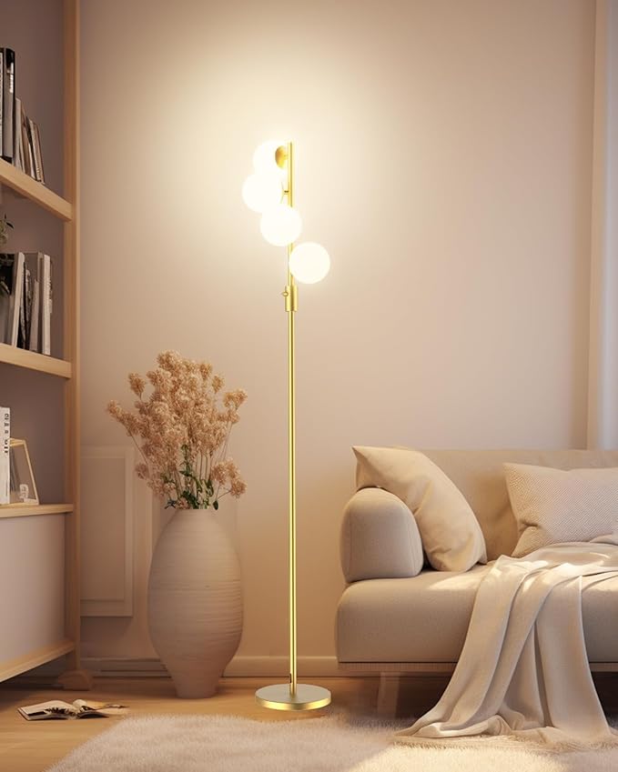 ACOHOOK Gold Globe Floor Lamp Dimmable 64IN Tall Standing Lamps with Soft Warm White Eye Care 3000K G9 Bulbs, Mid Century Modern Floor Lamp for Living Room Bedroom