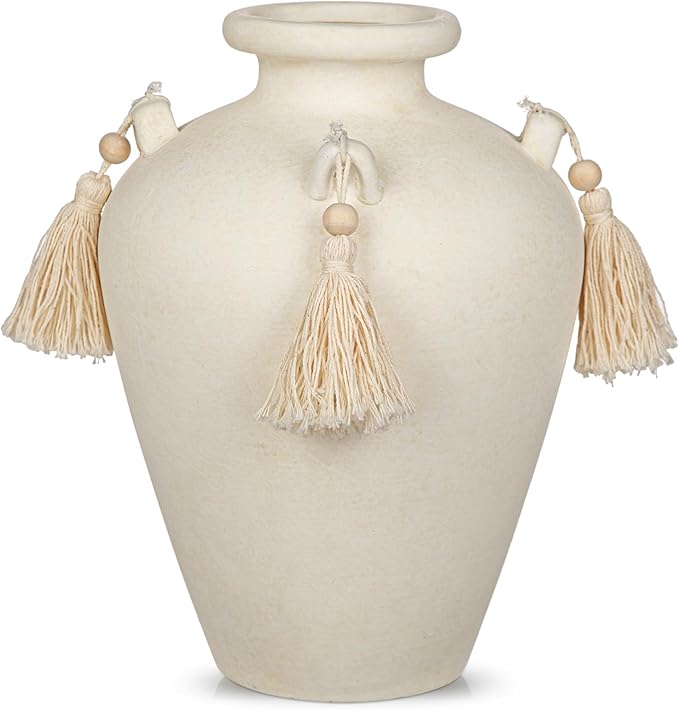 Large Decorative Ceramic Vase with Tassels, 9.4" White Boho Flower Vase with Handles, Textured Rustic Farmhouse Vases for Home Decor, Table Centerpiece, Living Room, Entryway, Wedding, Party Decor