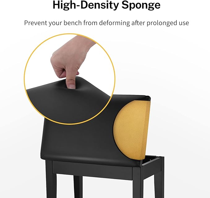 Donner Piano Bench with Storage, Solid Wood Keyboard Bench Piano Bookcase Stool Chair Seat with High-Density Sponges Pad, Black