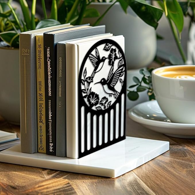 Peacoblue Metal Bookends for Shelves, Modern Decorative Heavy Duty Study Book Ends Stoppers for Office, Desk, Shelf, Room 5.3"x4.3"x7.9" Cast Iron Simple Tall Bookends 1 Pair (Hummingbird and Flower)