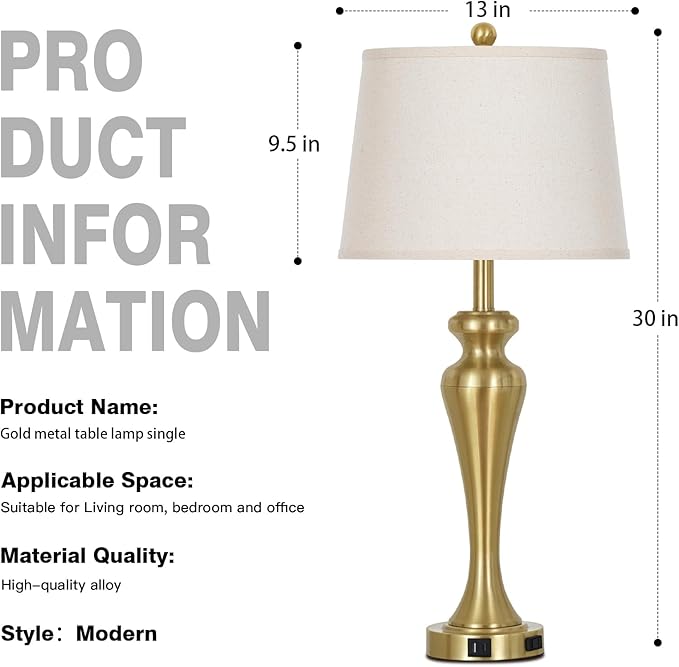 30 Inch Gold Single Table Lamp, 3-Way Dimmable Touch Control Bedside Lamps with USB A+C Ports and AC Outlet, Metal Brass Bedroom Lamps for Night stand, Modern Tall Lamp for Living room end table