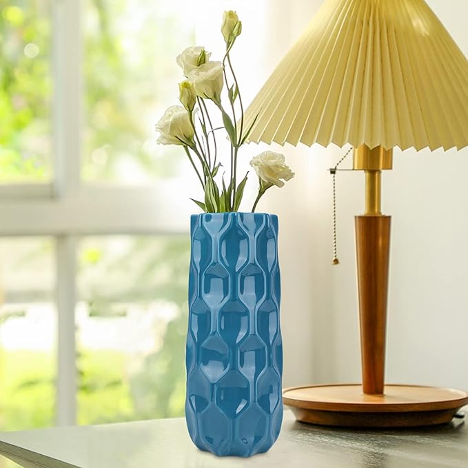 Bdor Ceramic Vase, 11in Flower Vase, Blue Honeycomb Vase for Room Decor, Modern Farmhouse Home DéCor Accents, Living Room Decor, Book Shelf, Mantel and Minimalism Dining Coffee Table Decor.
